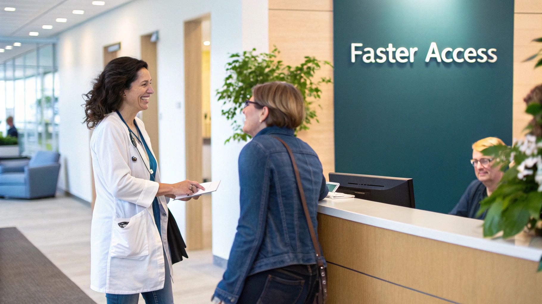 A doctor reviewing a patient's scan results in a modern, well-lit clinic.