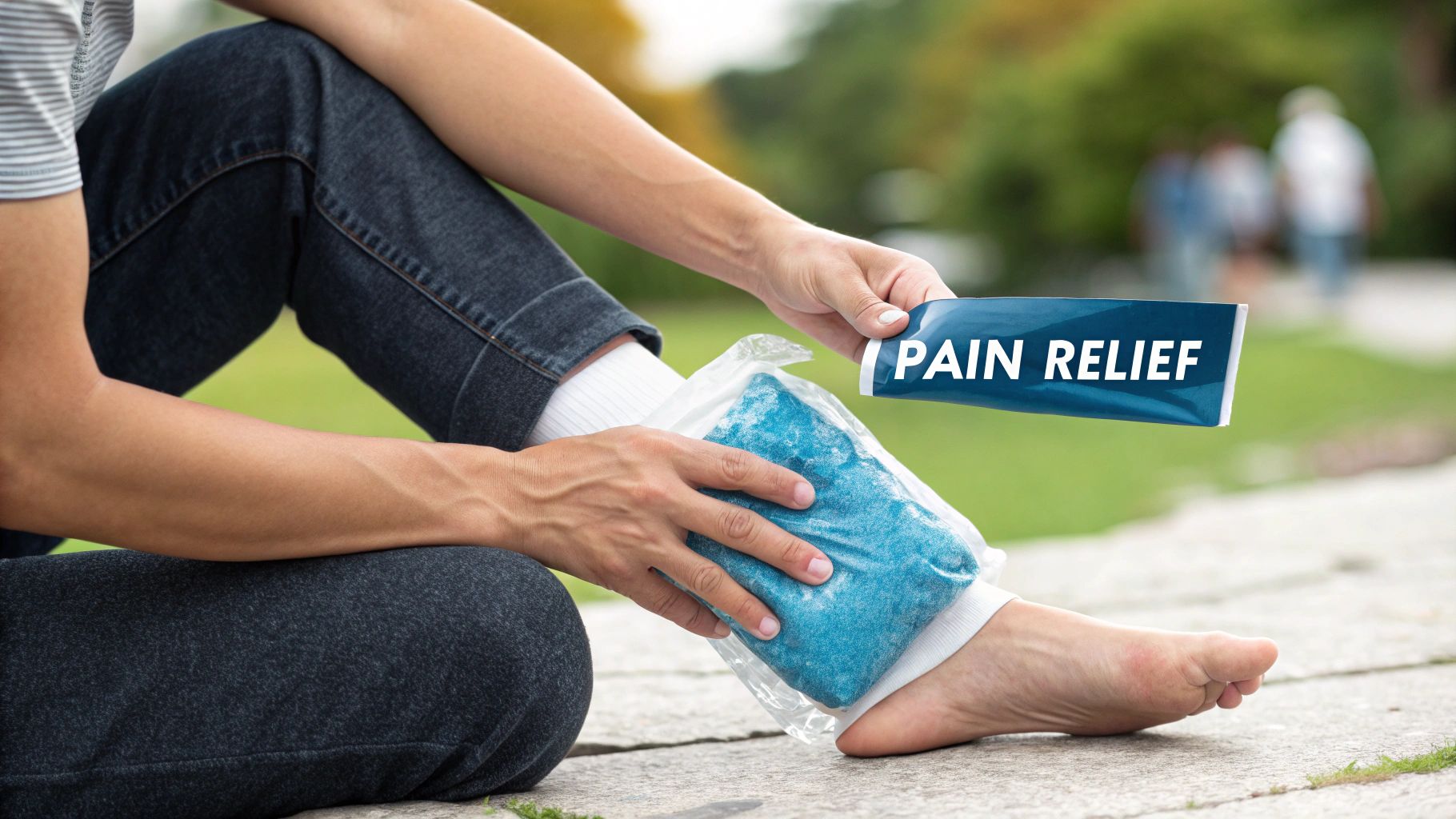 Runner icing their inner ankle at home after a run.