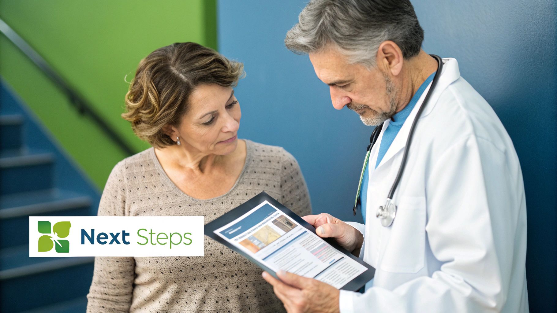 A person discussing health results with a doctor, looking at a tablet.