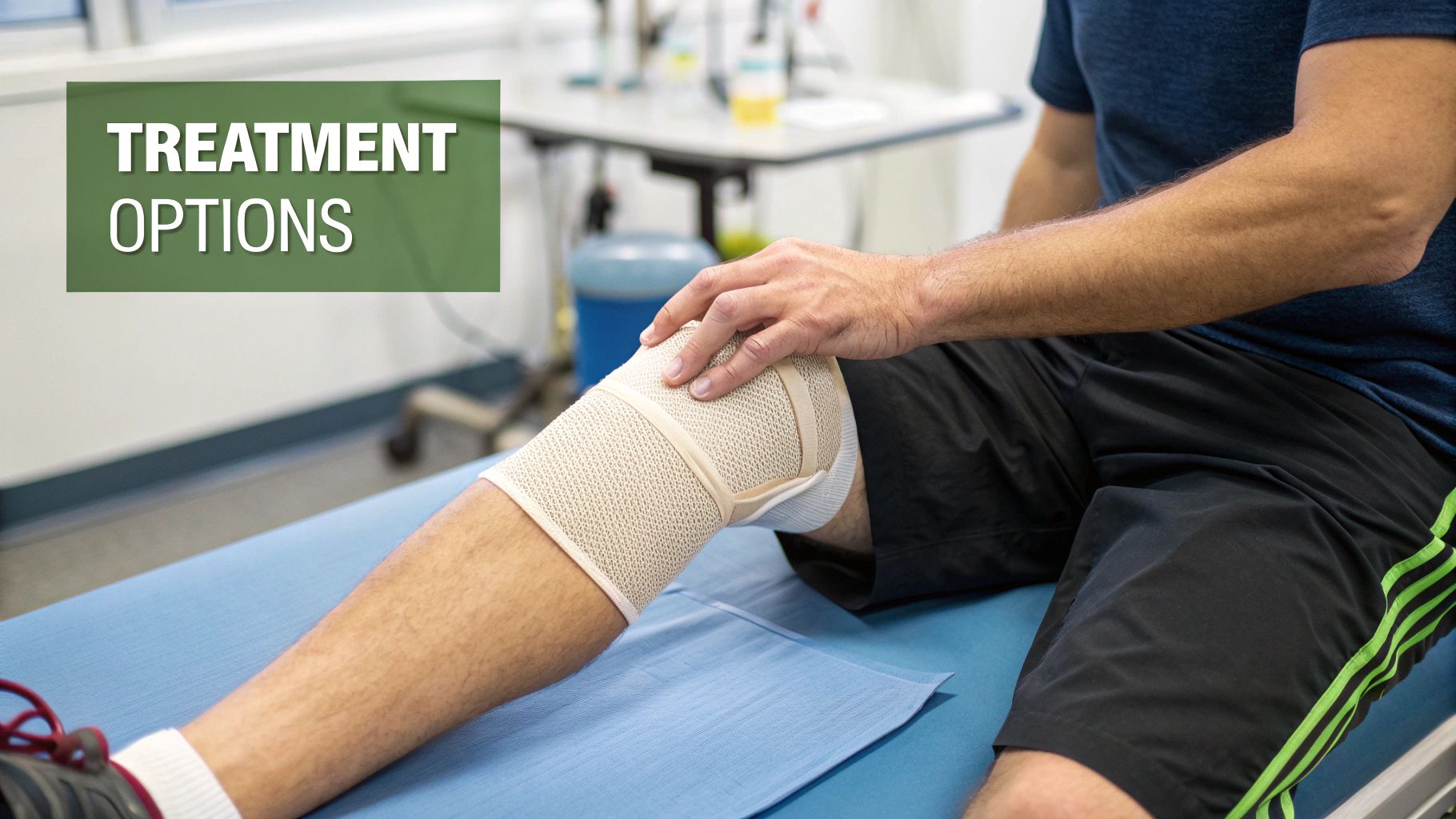 A person applying a compression wrap to their knee for pain relief.