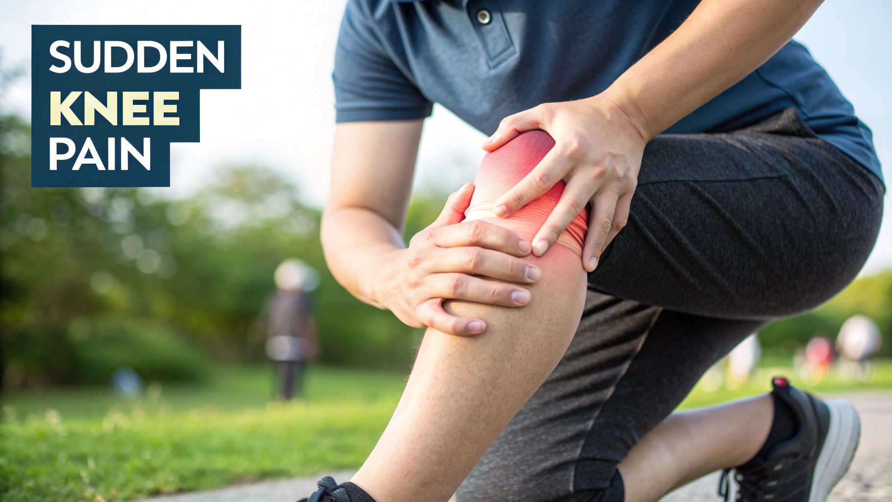 A person holding their knee in discomfort, indicating stabbing pain.
