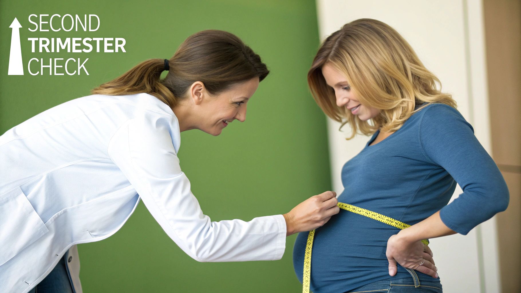 A sonographer performing an ultrasound on a pregnant woman's belly.