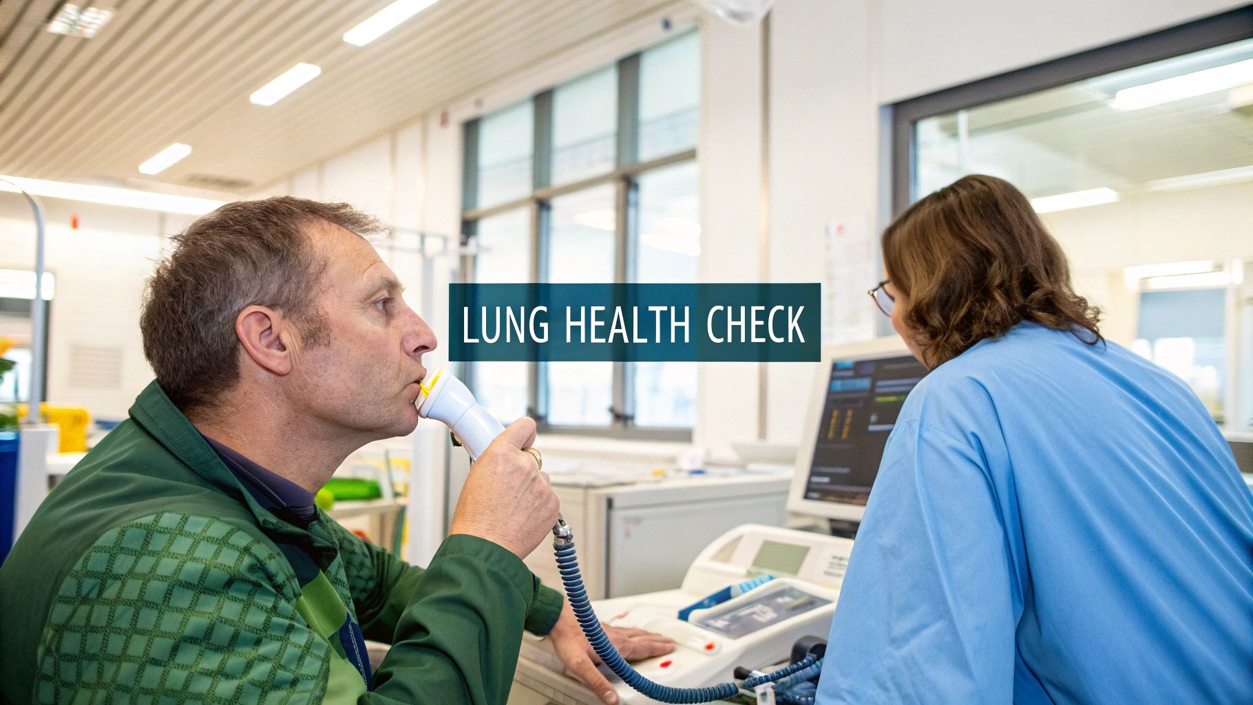 An older patient performing a pulmonary function test with a medical professional assisting her.