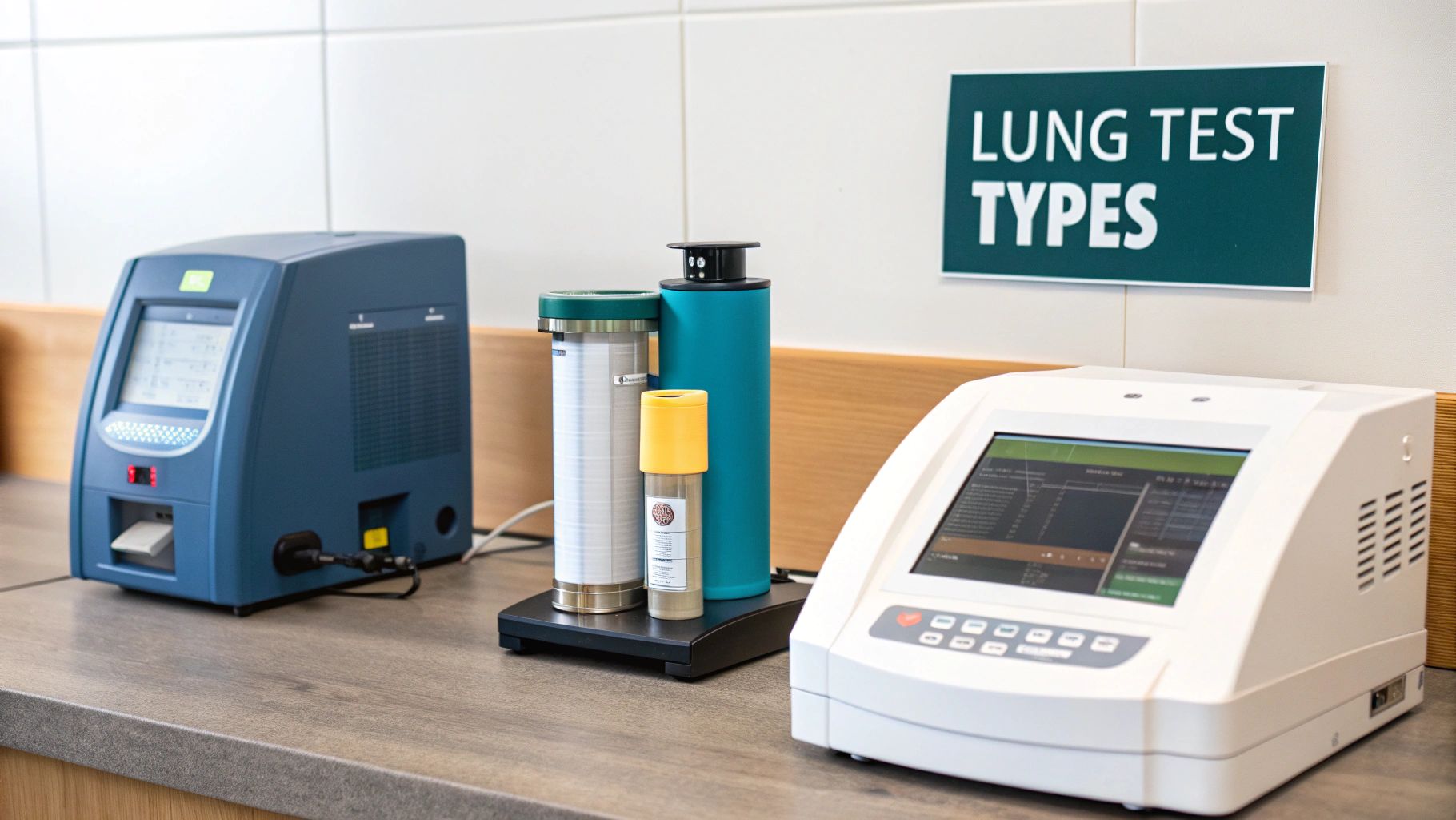 A patient uses a spirometer during a pulmonary function test, guided by a healthcare professional.