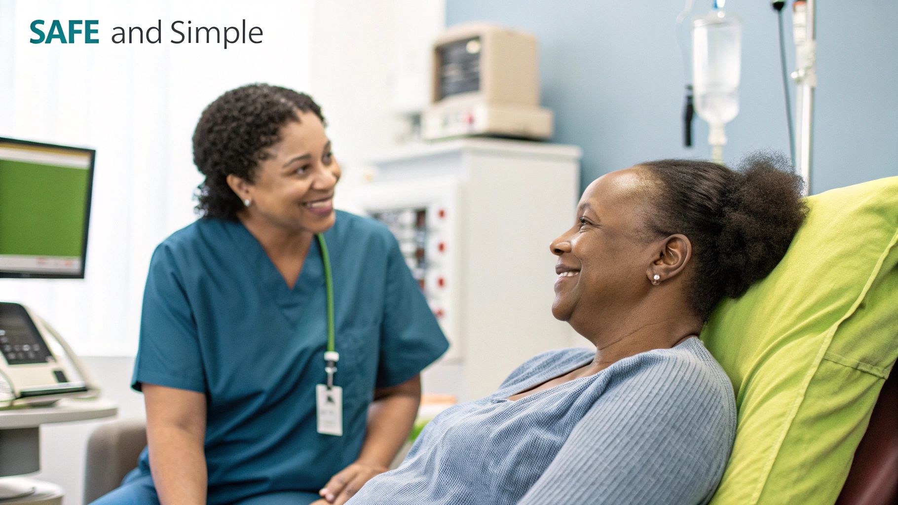 A healthcare professional monitors a patient performing a pulmonary function test, ensuring their comfort and safety.
