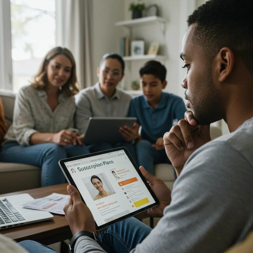 Individual reviewing private GP subscription plans at home, emphasizing affordability