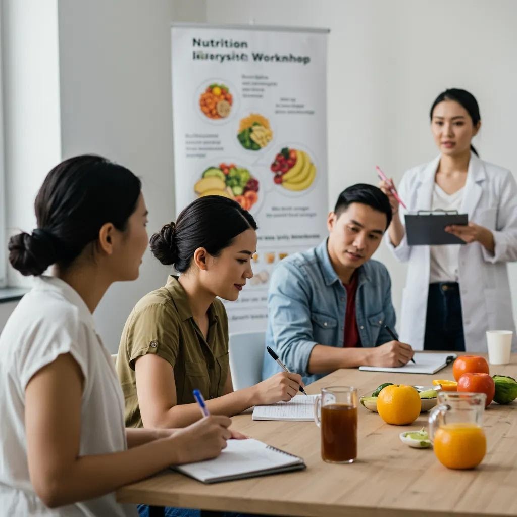 Diverse group participating in a health workshop focused on preventive healthcare and lifestyle coaching