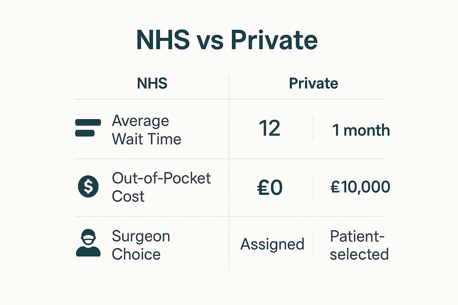 Infographic comparing NHS and Private knee replacement on wait time, cost, and surgeon choice