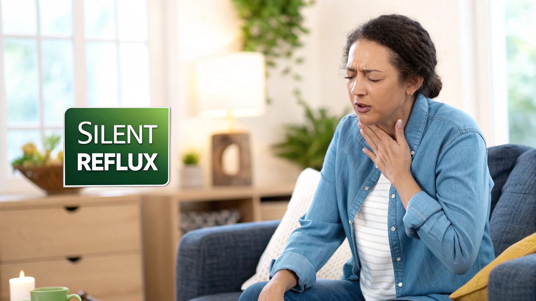 Person touching their throat with a look of discomfort