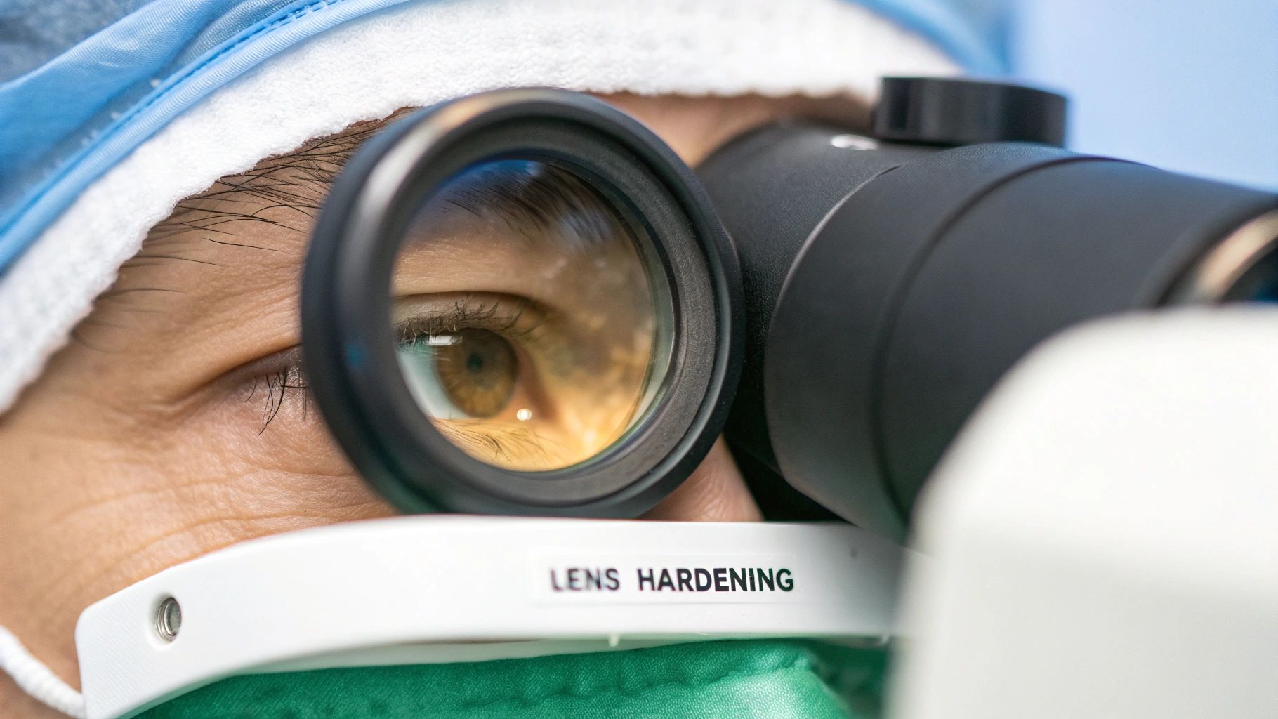 A close-up view of an eye showing the cloudy lens characteristic of a nuclear sclerosis cataract.