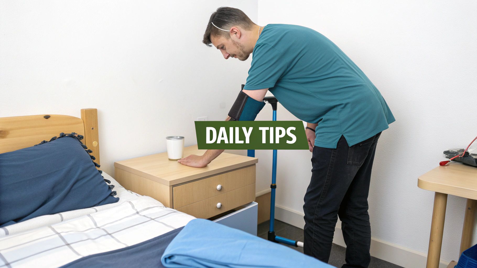 A person with their arm in a sling carefully buttoning up a shirt with their free hand.