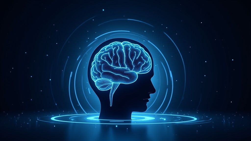 A futuristic brain scan interface showing advanced diagnostics and data analysis.