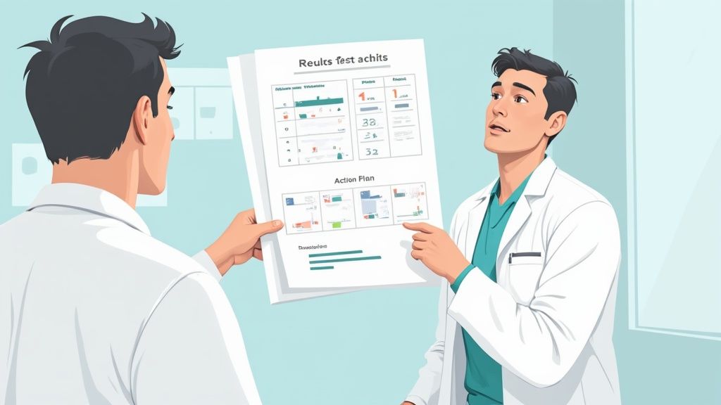 Doctor and patient discussing test results on a tablet.