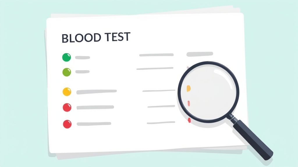 A person reviewing their blood test results on a digital tablet, looking thoughtful.