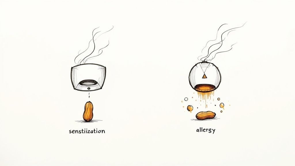 A doctor explains allergy test results to a concerned patient, pointing to a chart.