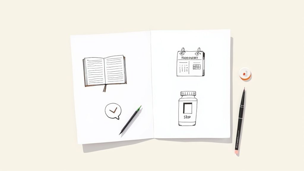 Woman writing in a notebook, tracking her diet and symptoms for an allergy test.