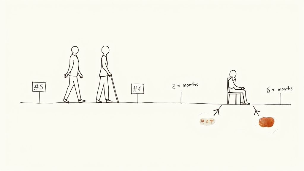 A person with a thoughtful expression looking at a calendar, symbolising the long wait for surgery.