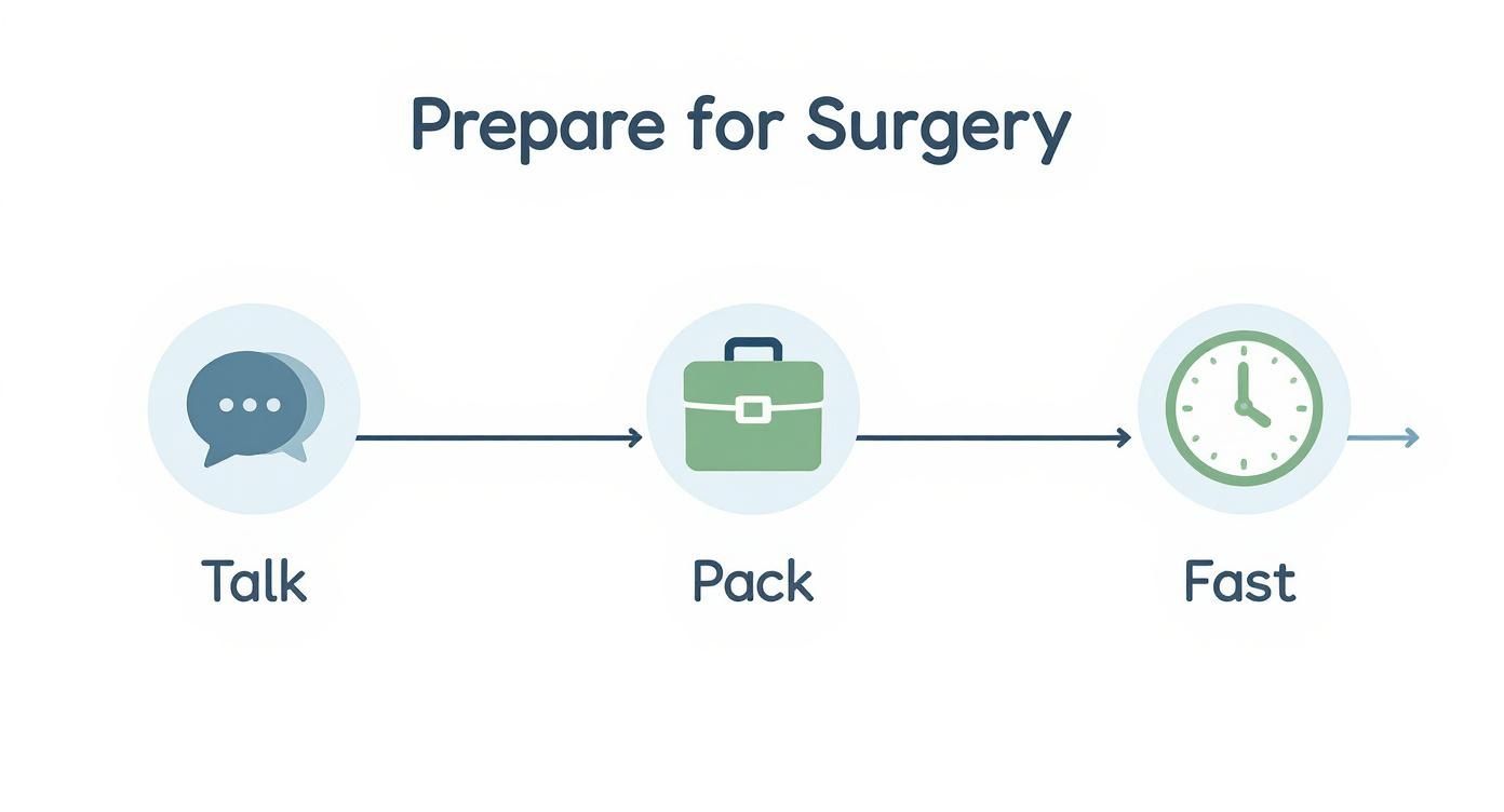 Infographic showing the steps to prepare for surgery Talk, Pack, and Fast with calming icons.