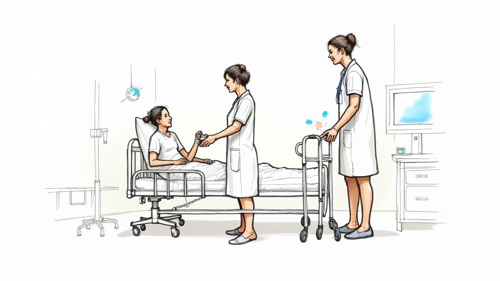 A physiotherapist helping a patient with knee exercises at home.