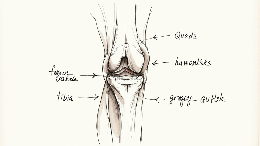 A person sitting on a yoga mat, gently holding their knee to stretch it, illustrating a focus on joint care.