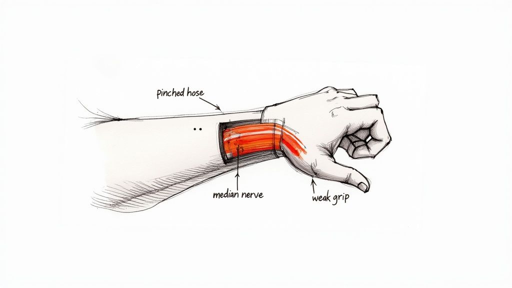 A doctor pointing to a diagram of the wrist, explaining the carpal tunnel area to a patient.