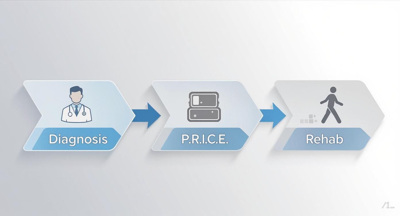 Infographic showing the first steps for a knee injury: Diagnosis, P.R.I.C.E., and Rehab