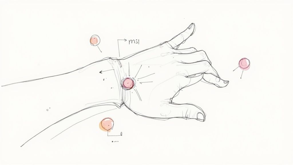 A diagram showing the anatomy of a ganglion cyst on a wrist