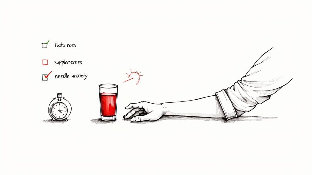 A healthcare professional preparing to take a blood sample from a patient's arm.