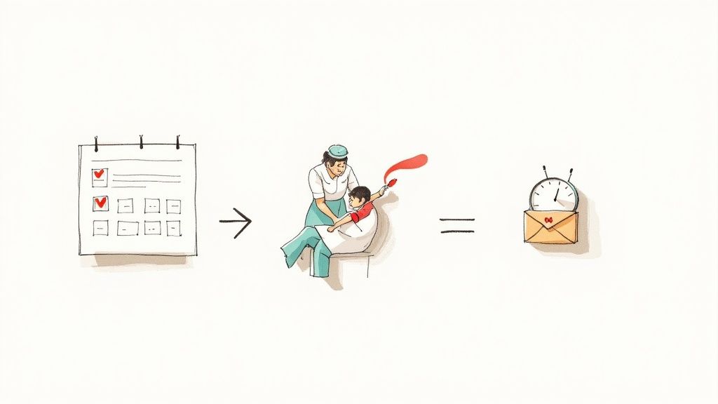 Illustration showing dental appointment scheduling process from calendar to dentist visit to notification reminder