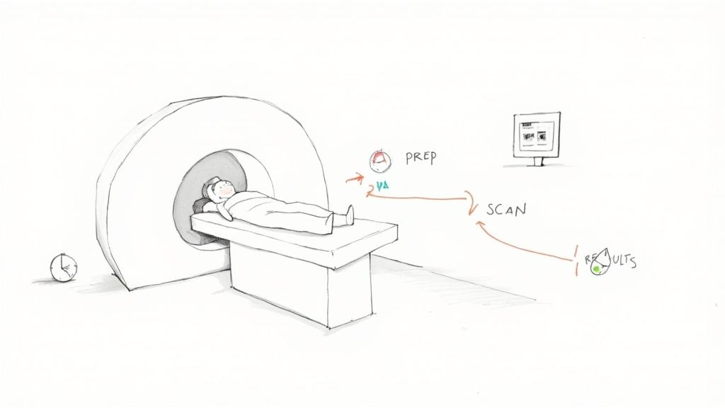 Medical imaging workflow diagram showing patient on MRI scanner with prep, scan, and results stages