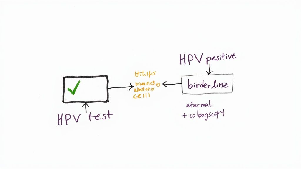 HPV test flowchart showing positive result leading to borderline diagnosis and colposcopy procedure