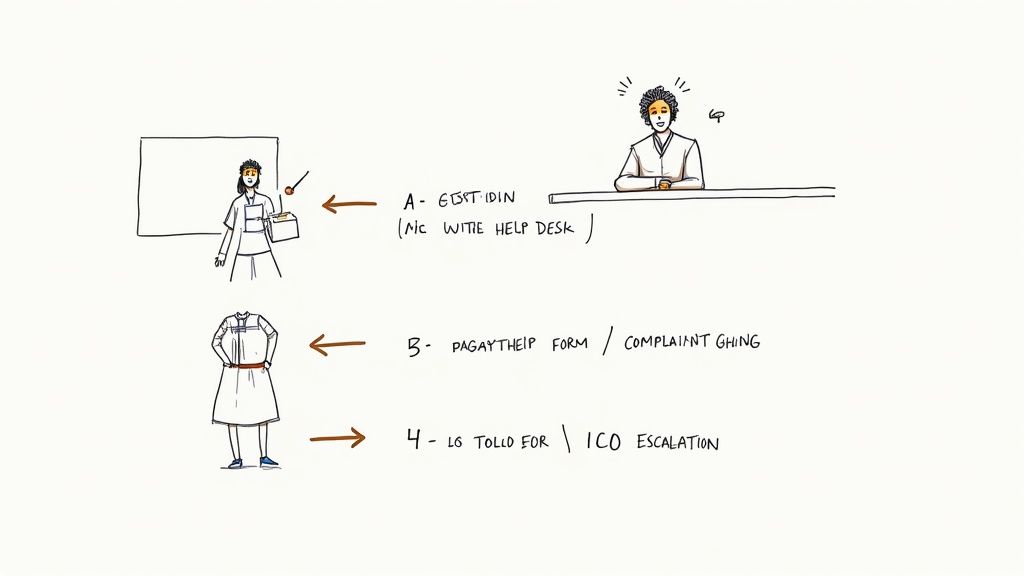 Healthcare complaint escalation process flowchart showing three steps from help desk to filing complaint
