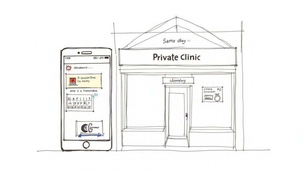 Smartphone displaying online appointment booking beside private clinic storefront offering same day medical services