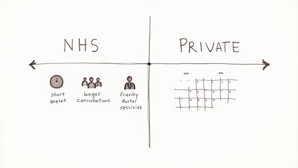 Diagram comparing NHS and private healthcare showing wait times, consultations, and appointment scheduling differences