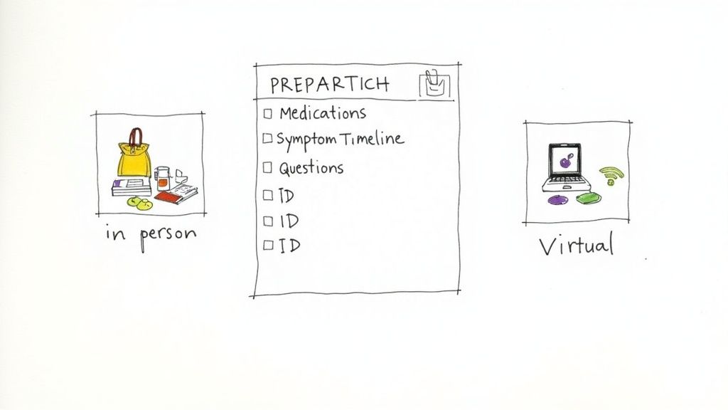 Doctor appointment preparation checklist showing in-person and virtual visit options with medical items