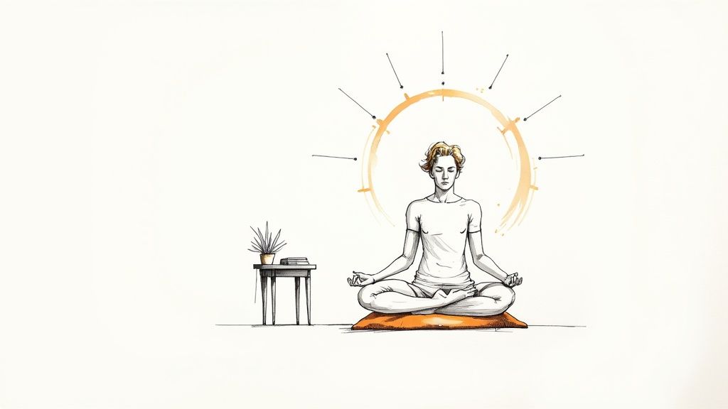 A minimalist sketch of a person meditating in lotus position on a cushion, with subtle orange accents.