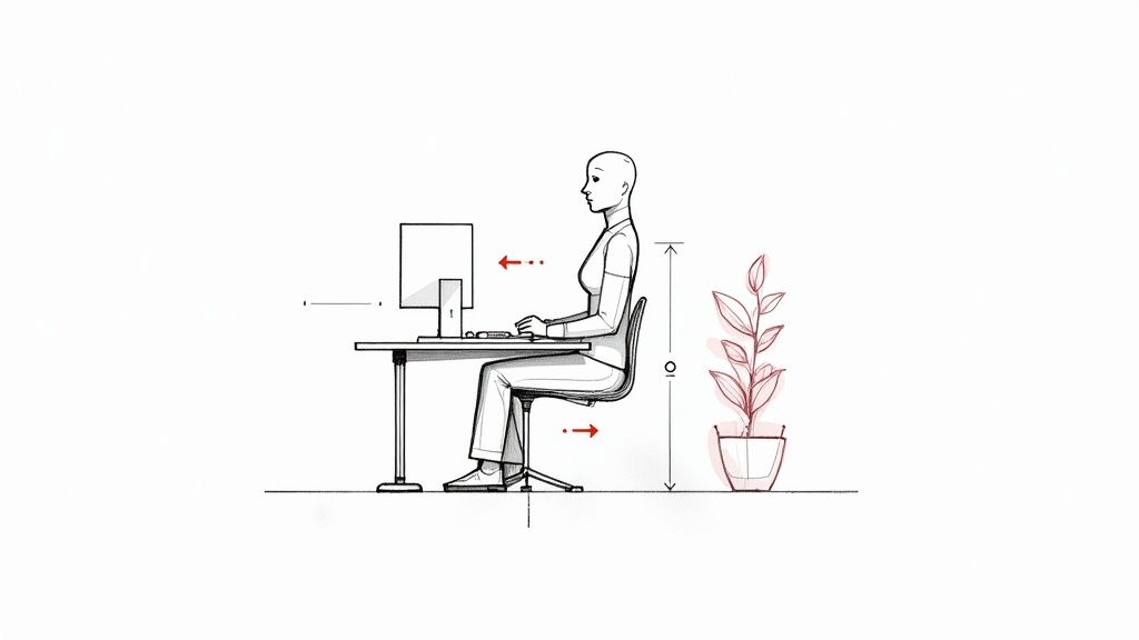 Illustration of a person demonstrating proper ergonomic posture at a desk with a computer and a plant.
