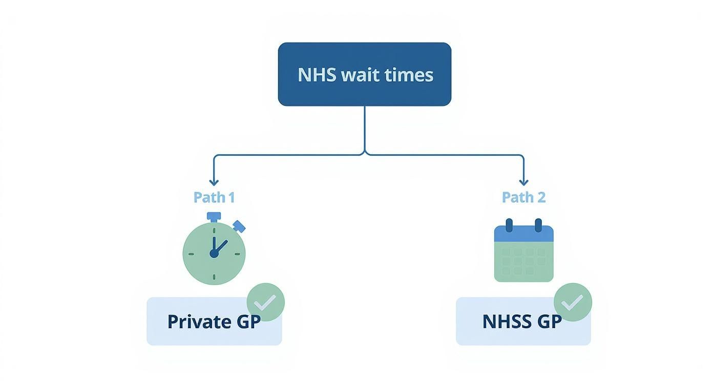 Diagram illustrating NHS wait times, comparing faster private GP appointments with longer NHS GP wait times.