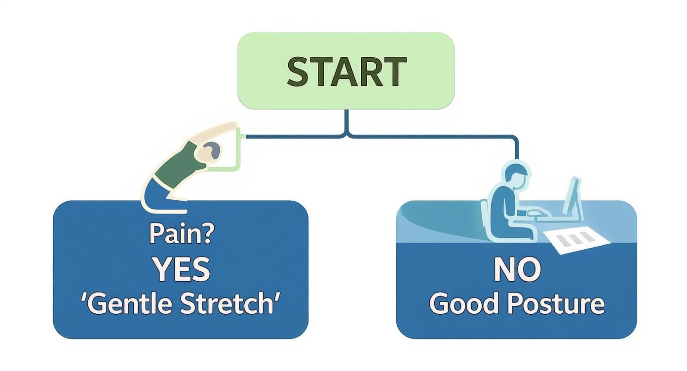 Flowchart: START, then 'Pain? YES - Gentle Stretch' or 'NO - Good Posture' for desk work.