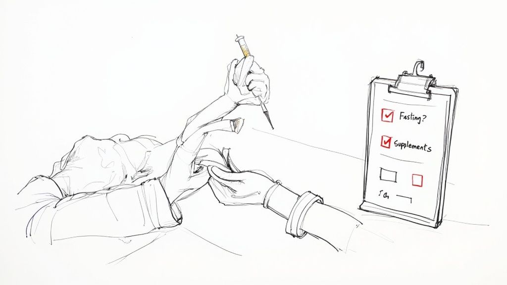 Sketch of a syringe held over an arm, next to a clipboard with 'Fasting?' and 'Supplements' checked.