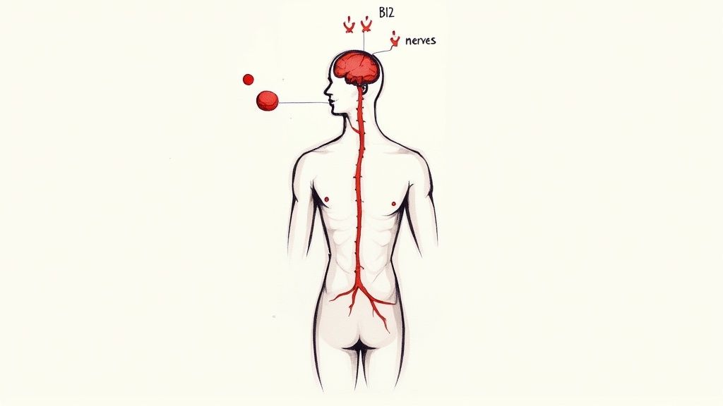 A detailed illustration of the human nervous system, showing the brain and spinal cord, with B12 and nerves labeled.