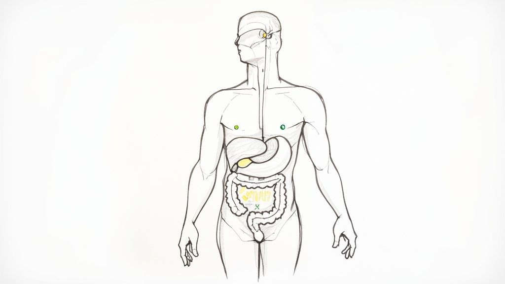 A line drawing illustration of a human torso showing internal organs like the liver, stomach, and intestines.