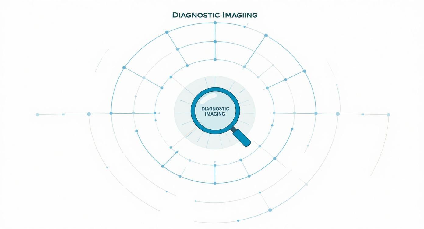 A blue magnifying glass highlighting 'DIAGNOSTIC IMAGING' within a circular network diagram.