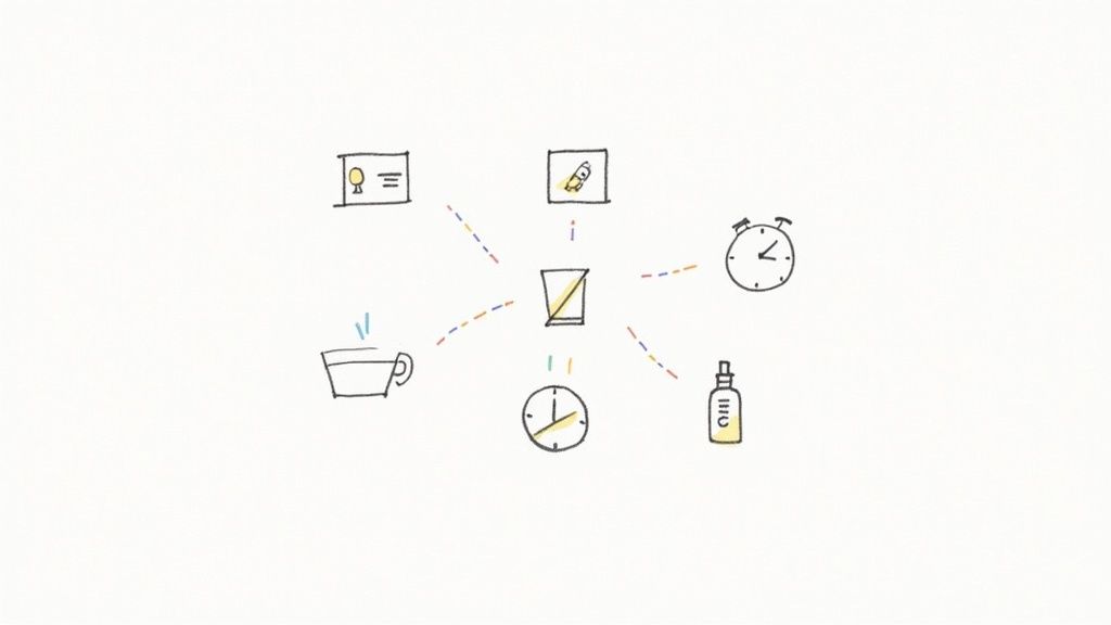 A simple hand-drawn diagram showing a central broken glass icon connected to six diverse lifestyle and achievement symbols.