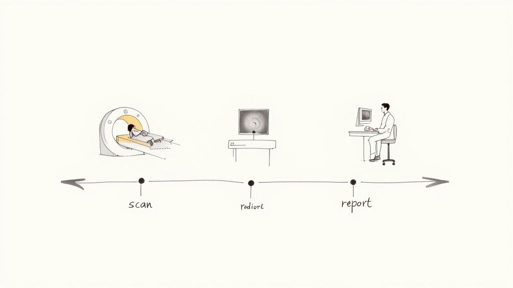 A simplified timeline illustrating the diagnostic imaging process: patient undergoing a scan, a radiologist reviewing the images, and a doctor writing a report.