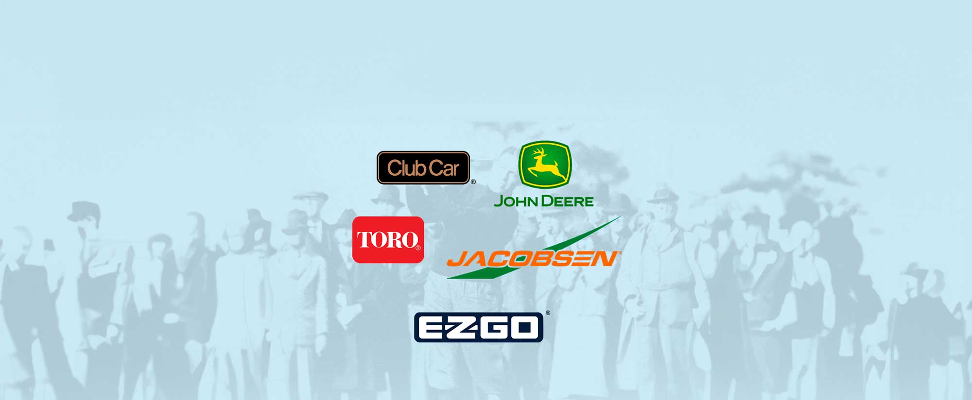 Logos of Club Car, John Deere, Toro, Jacobsen, and EZGO on a light blue background with faint golfer silhouettes.