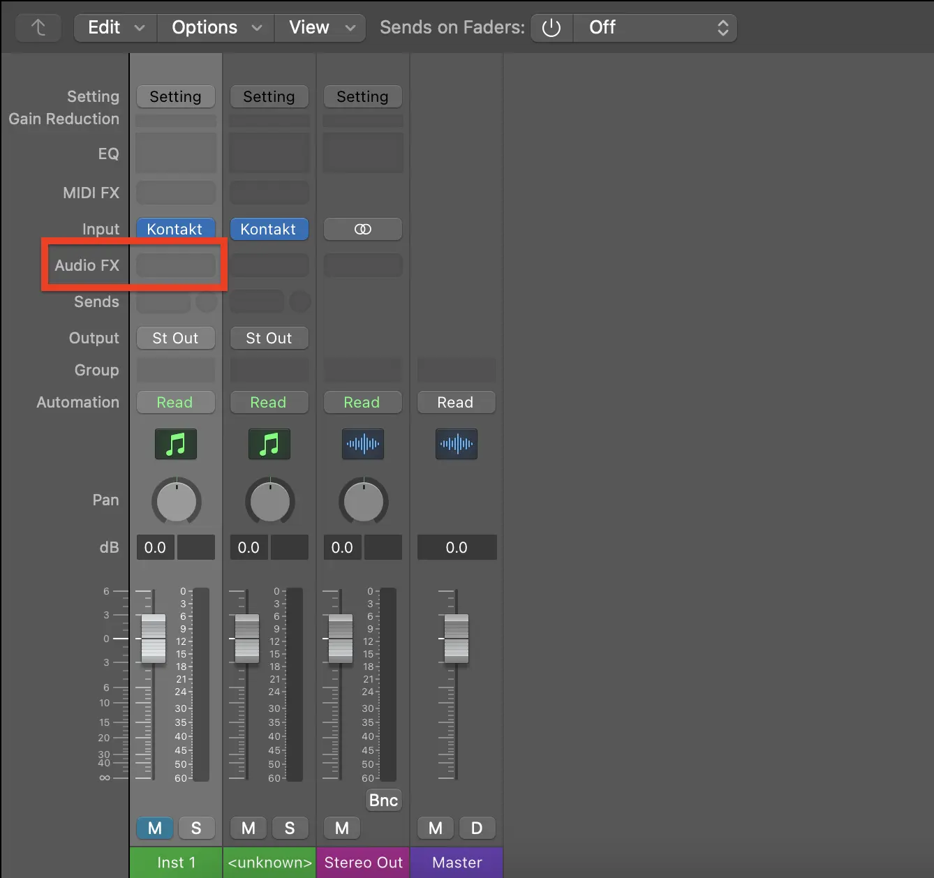 A screenshot of the Logic Pro X interface, with a red box highlighting the Audio FX button