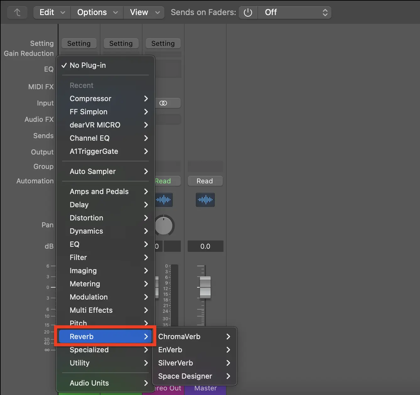 A screenshot of the Logic Pro X interface, with a red box highlighting the reverb dropdown selection button