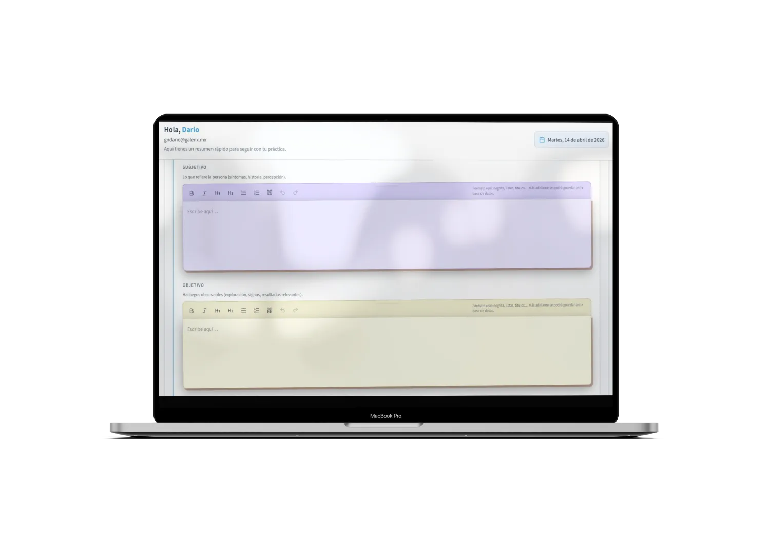 MacBook Pro screen displaying a SOAP note template in Spanish with sections labeled 'SUBJETIVO' and 'OBJETIVO' for clinical notes input.