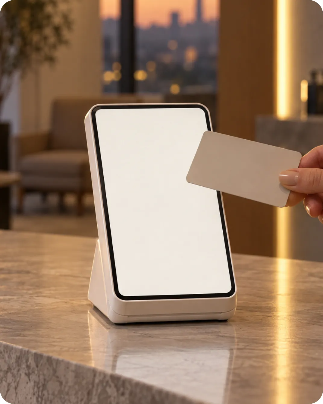 A patient tapping a card on a payment terminal at checkout